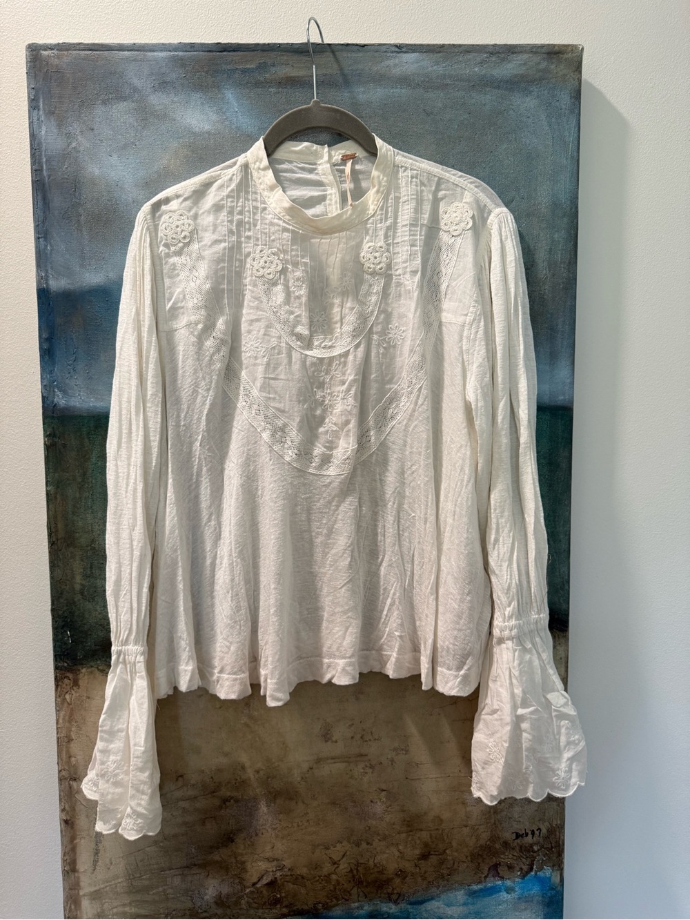 Free People White Embroidered Ruffled Yoke Blouse